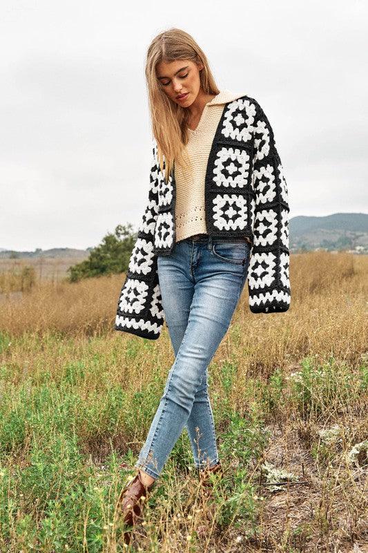 Two-Tone Floral Square Crochet Open Knit Cardigan - Cardigan