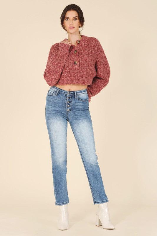 Melange Bottoned Cropped Sweater - Sweater