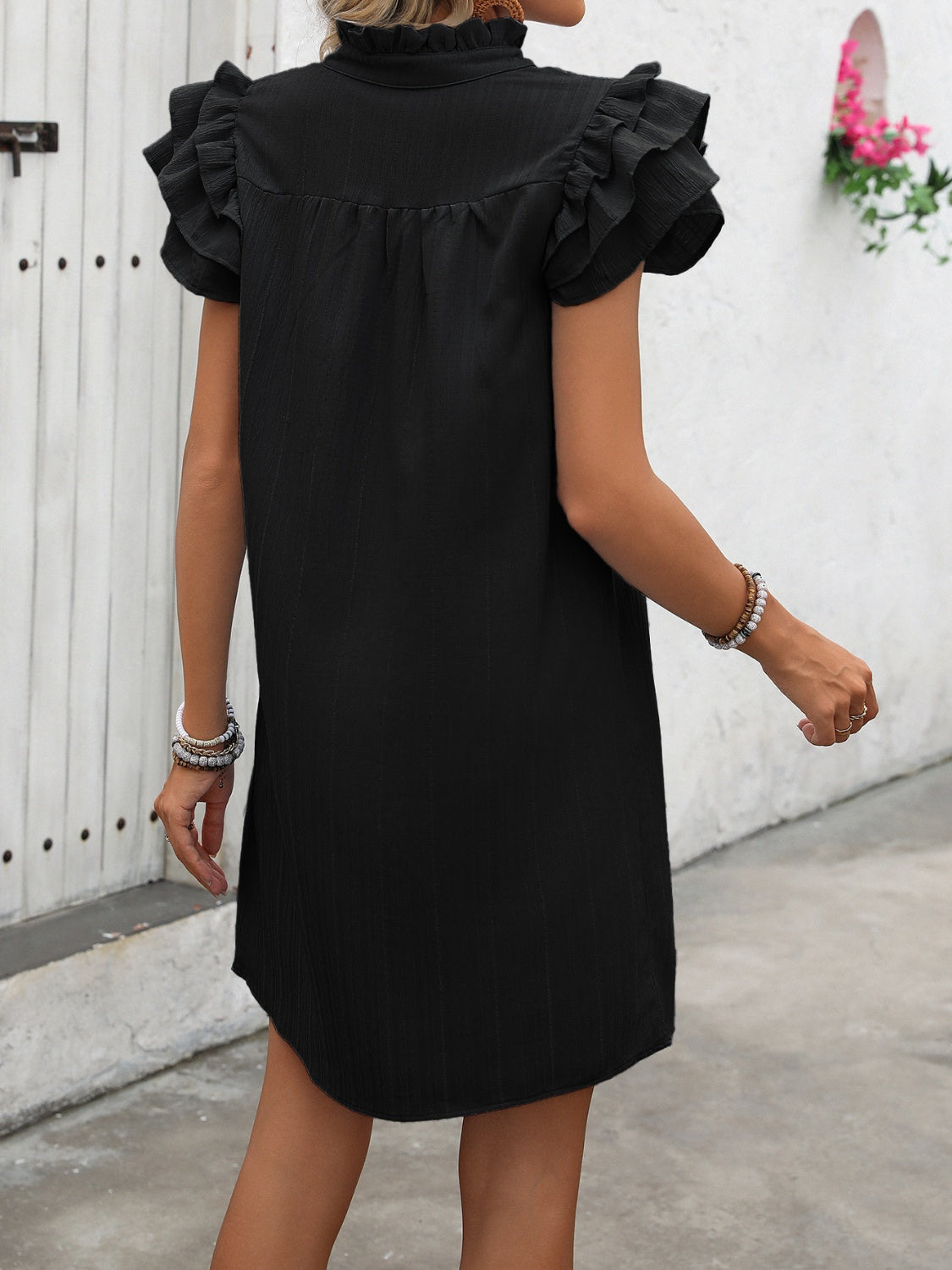 Ruffled Notched Neck Cap Sleeve Mini Dress