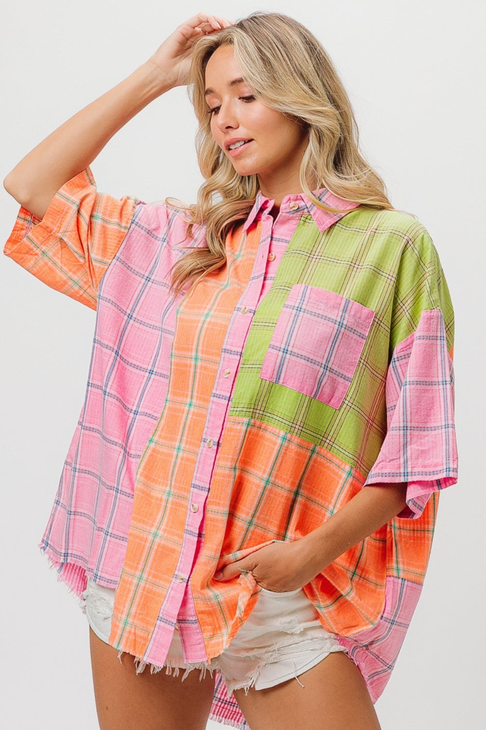 BiBi Plaid Multicolored Collared Neck Half Sleeve Shirt