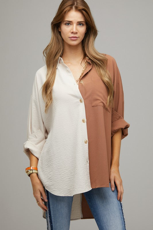 Davi & Dani Color Block Button Down Shirt