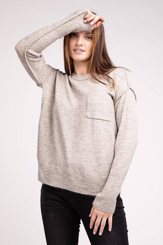 Melange Hi-Low Hem Round Neck Sweater - Sweater