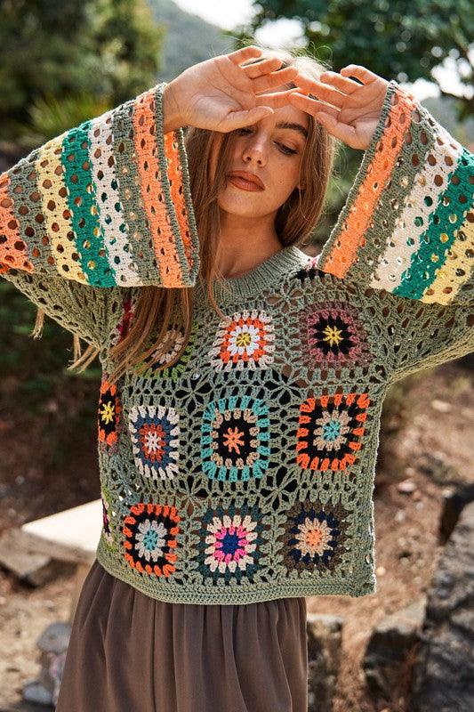 Floral Crochet Striped Sleeve Cropped Knit Sweater - Sweater