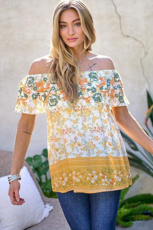 Printed Off Shoulder Smocked Top - Top