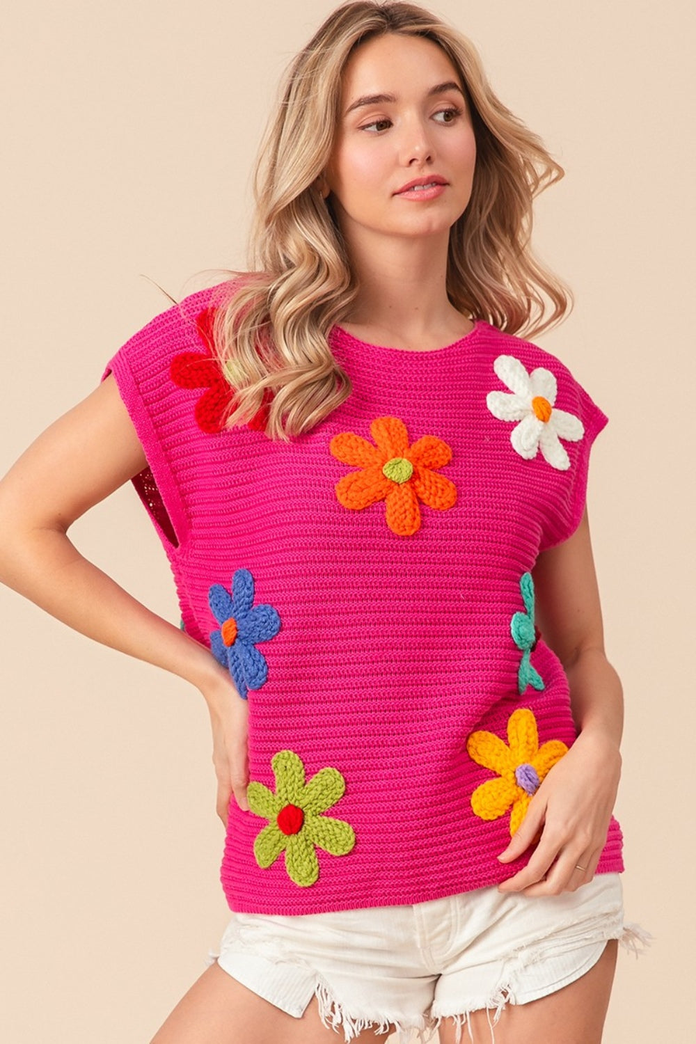 BiBi Flower Round Neck Cap Sleeve Sweater Vest