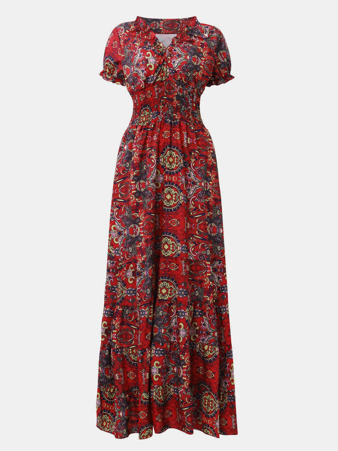 Smocked Printed V-Neck Short Sleeve Maxi Dress