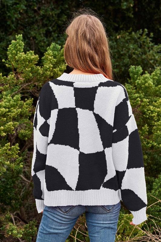 Multi Geo Checker Pullover Knit Sweater Top - Sweater