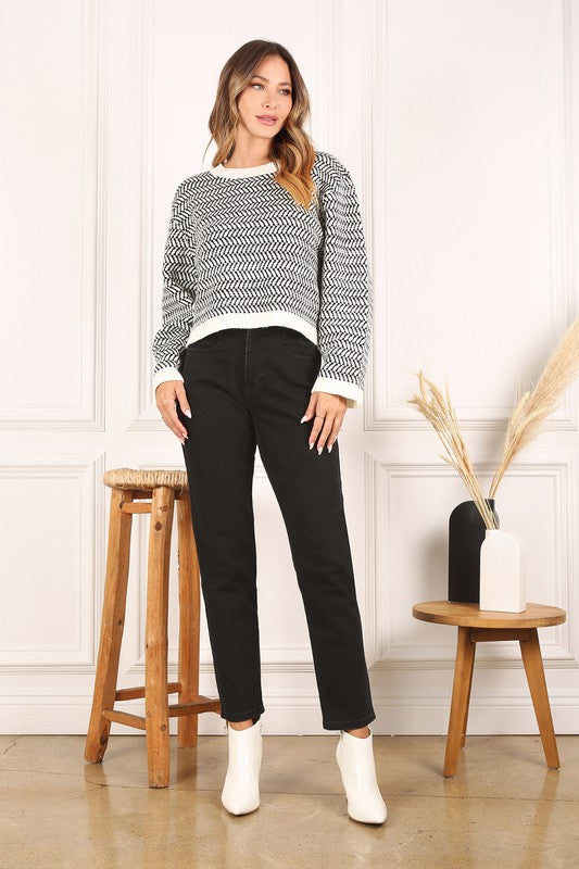 Lilou Herringbone Pattern Crew Neck Sweater