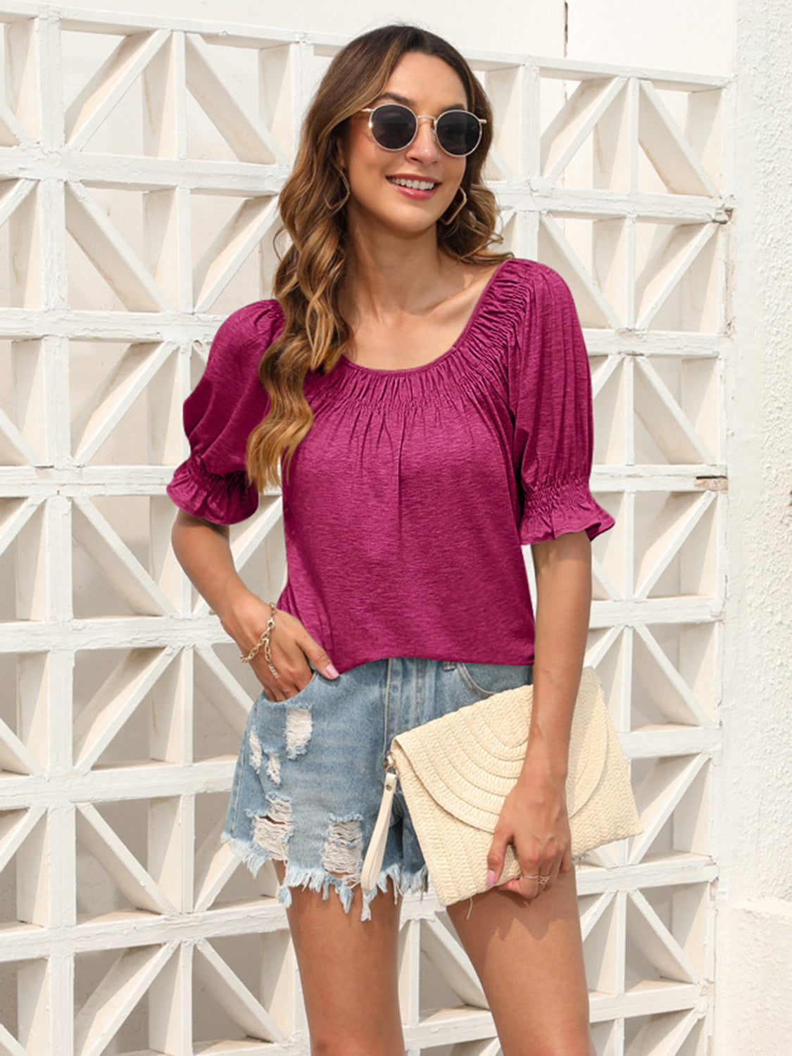 Ruched Off-Shoulder Short Sleeve Blouse