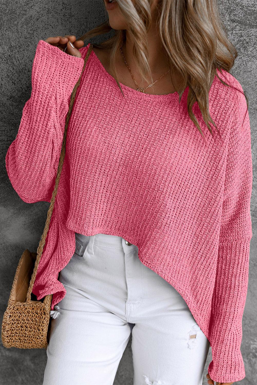 Scoop Neck High-LowLong Sleeves Open Work Knit Top - Top