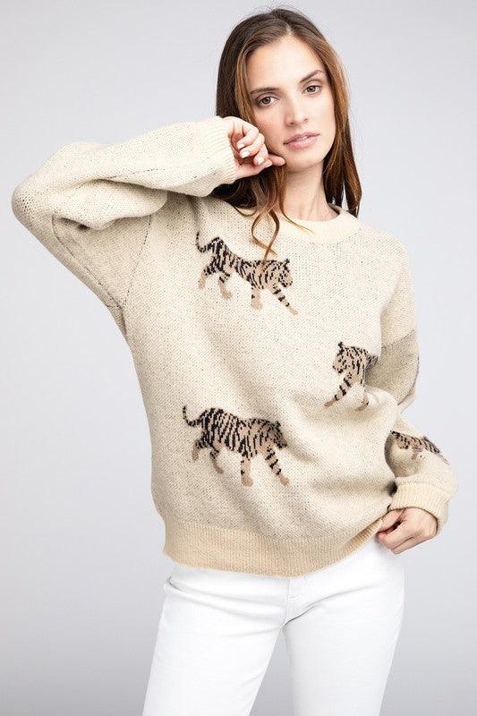 Tiger Pattern Pullover Sweater - Sweater