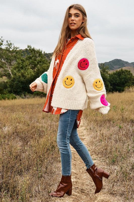 The Fuzzy Smile Long Bell Sleeve Knit Cardigan - Cardigan