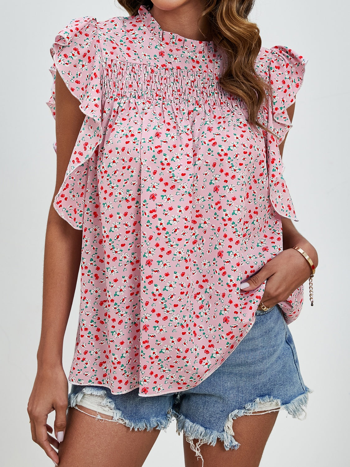 Ruffled Ditsy Floral Mock Neck Cap Sleeve Top