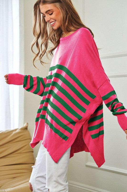 Striped Elbow Patch Oversized Sweater Top - Sweater