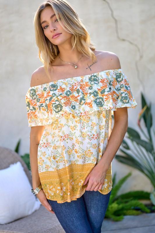 Printed Off Shoulder Smocked Top - Top