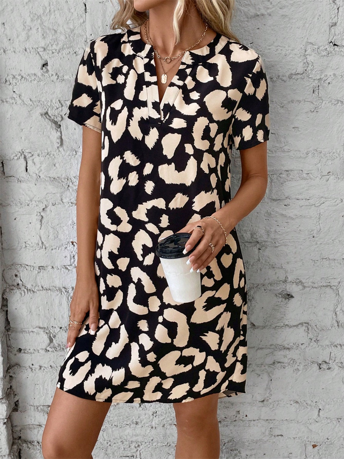 Leopard Notched Short Sleeve Mini Dress