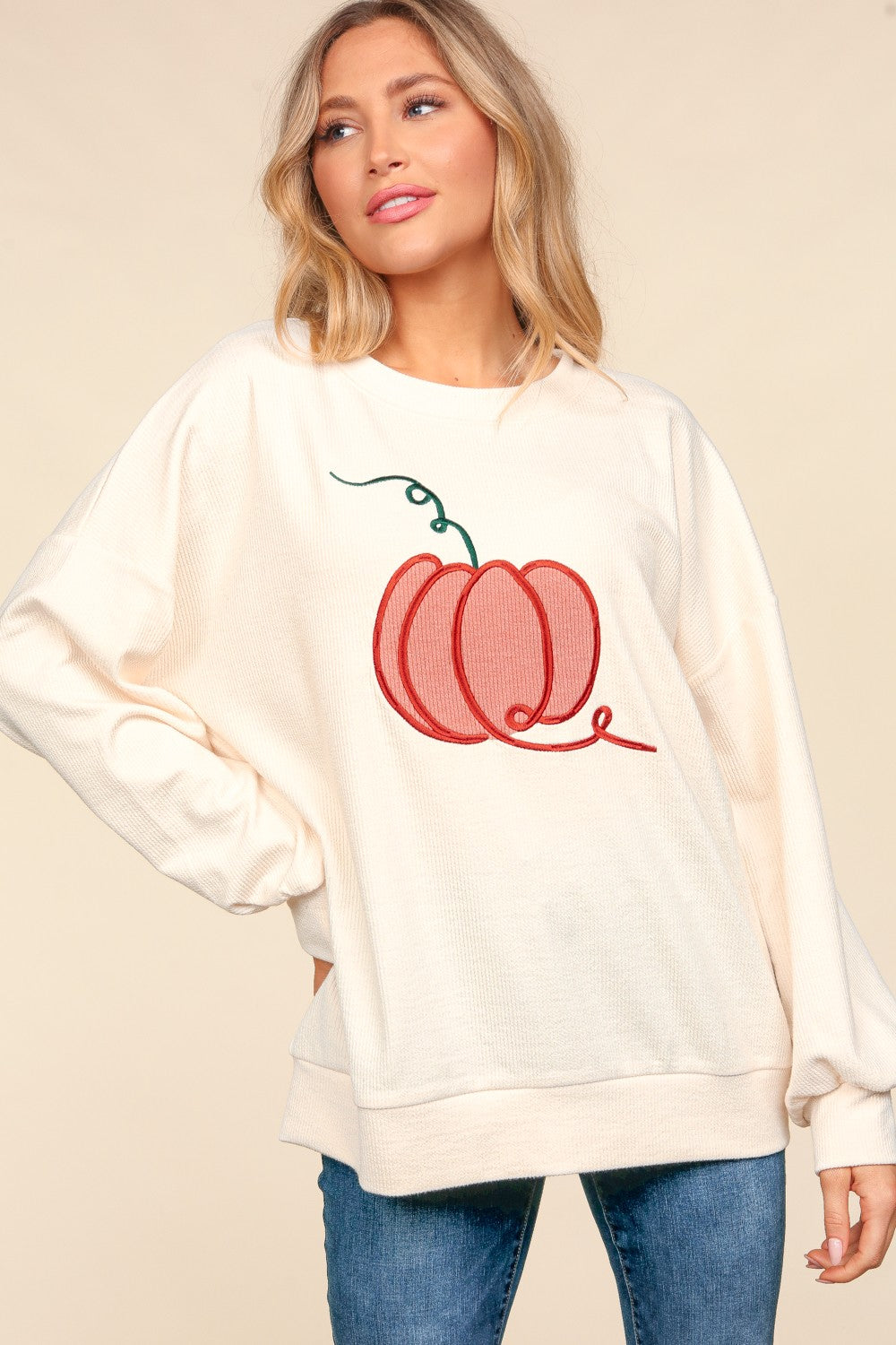 Haptics Full Size Embroidery Pumpkin Long Sleeve Sweatshirt