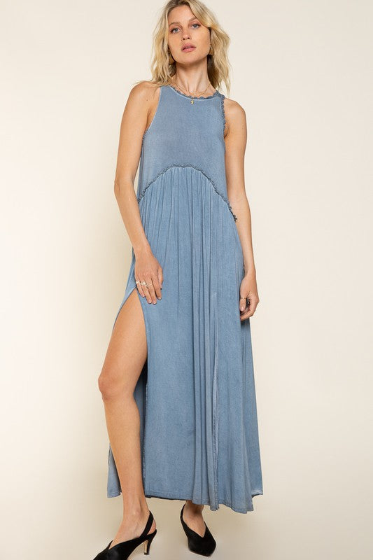 POL Stone Washed Side Slit Cut Out Maxi Dress