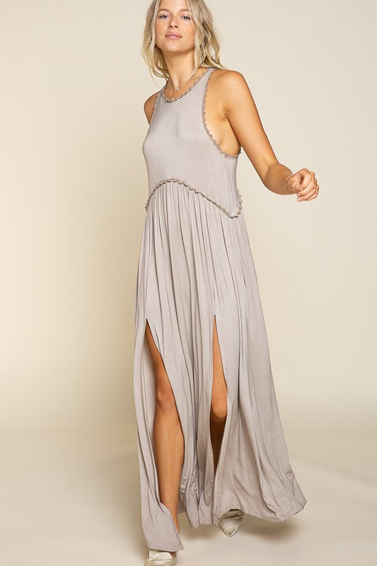 POL Stone Washed Side Slit Cut Out Maxi Dress