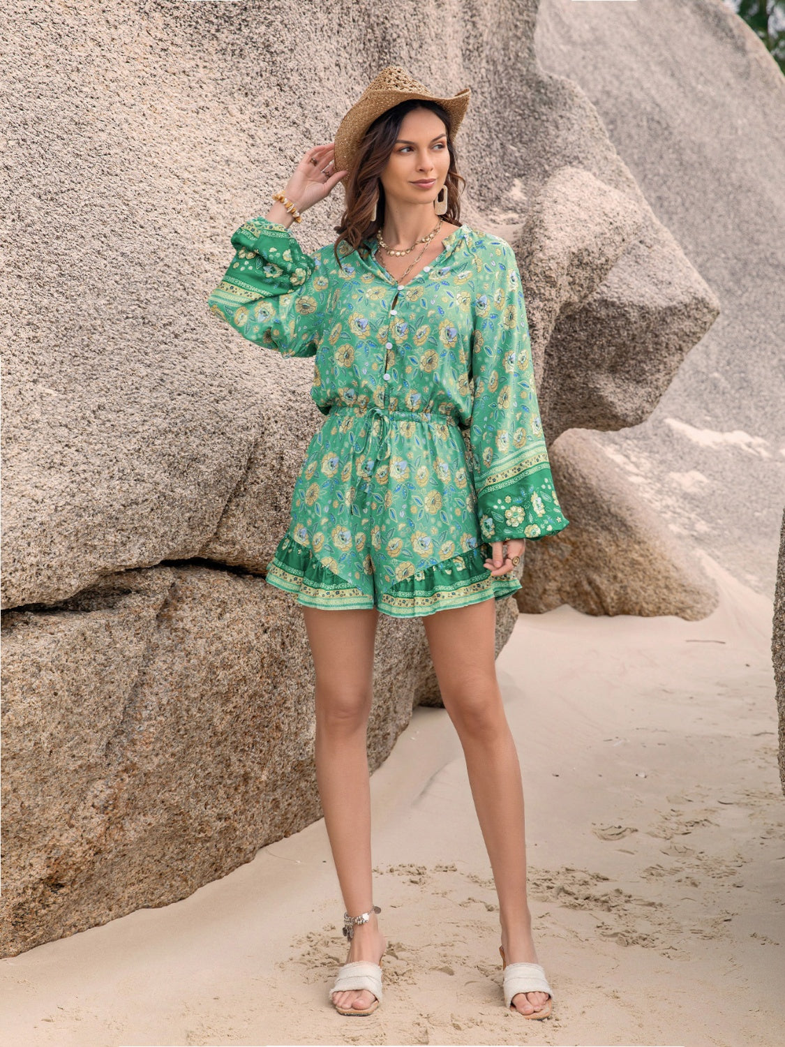 Floral Ruffled Balloon Sleeve Romper