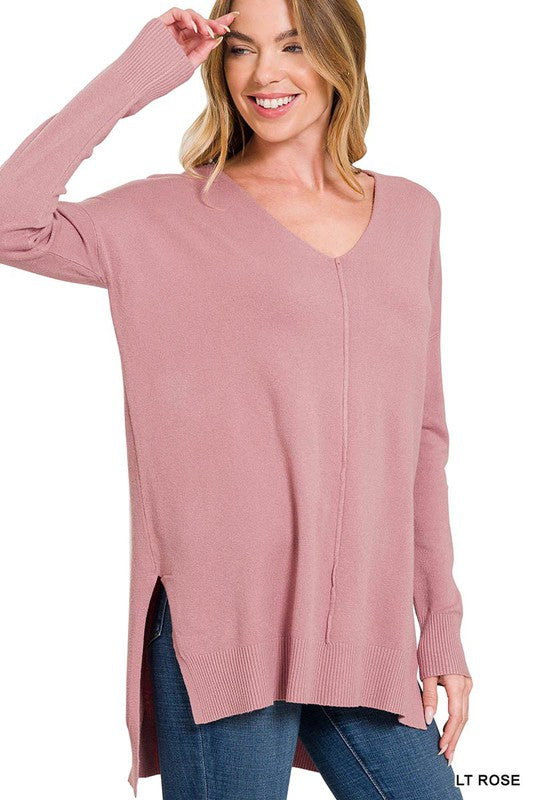 Zenana Hi-Low Hem V-Neck Center Seam Sweater