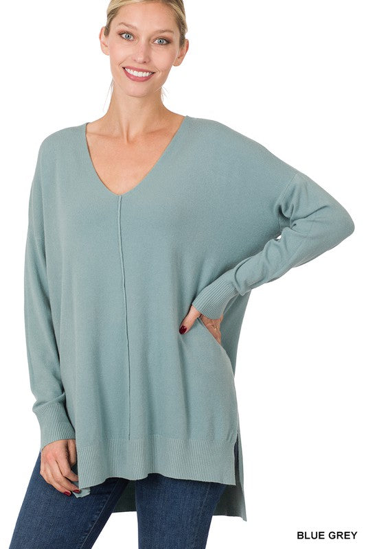 Zenana Hi-Low Hem V-Neck Center Seam Sweater