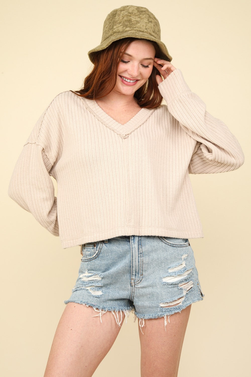 VERY J Exposed Seam V-Neck Ribbed Sweater