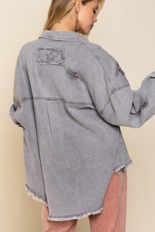 Fringe Distressed Oversized Denim Jacket - Jacket