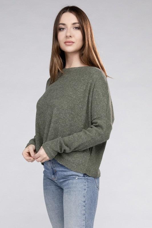 Zenana Ribbed Dolman Long Sleeve Sweater - Sweater