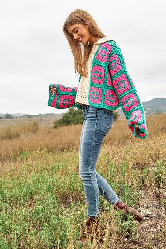 Two-Tone Floral Square Crochet Open Knit Cardigan - Cardigan