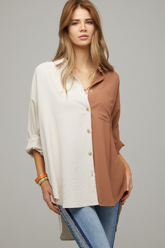 Davi & Dani Color Block Button Down Shirt