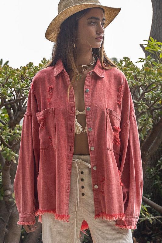 Fringe Distressed Oversized Denim Jacket - Jacket