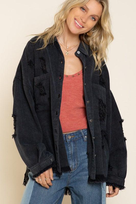 Fringe Distressed Oversized Denim Jacket - Jacket