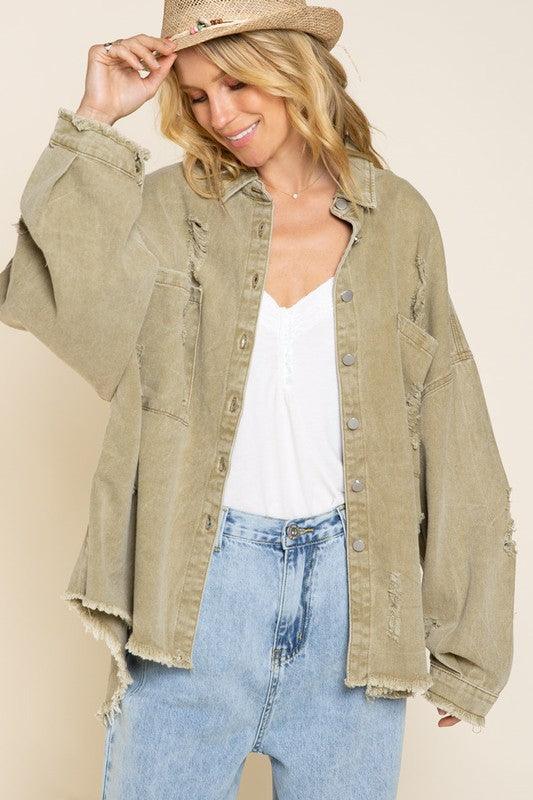 Fringe Distressed Oversized Denim Jacket - Jacket