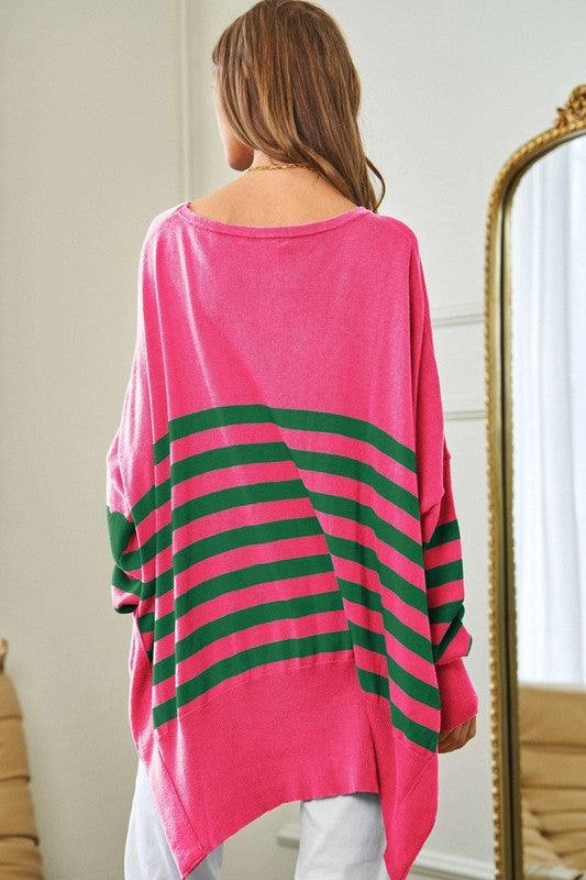 Striped Elbow Patch Oversized Sweater Top - Sweater