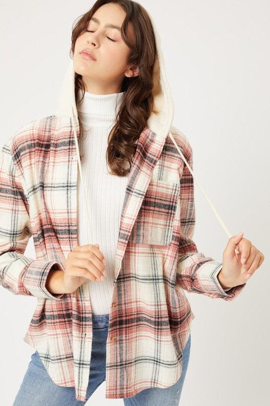 Plaid Flannel Button Up Shacket with Hood - Jacket