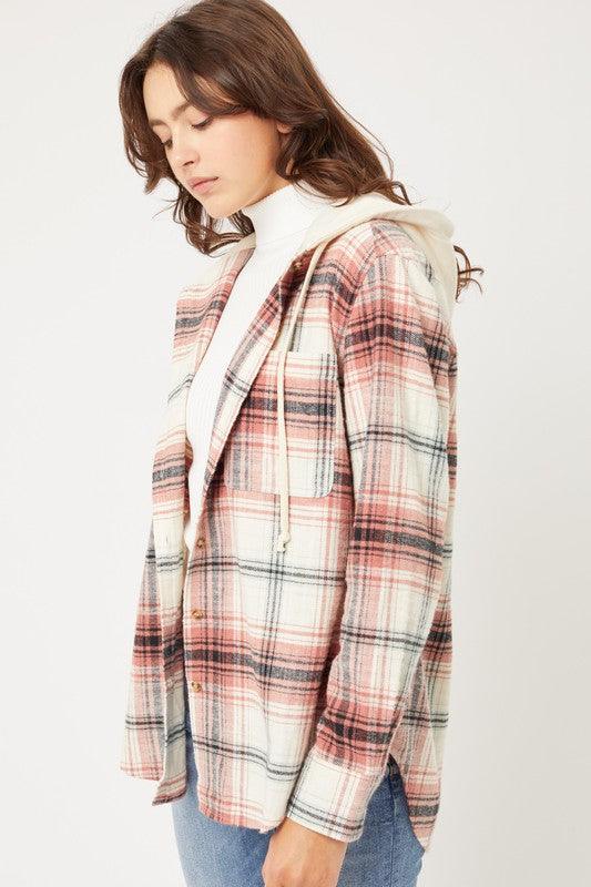 Plaid Flannel Button Up Shacket with Hood - Jacket