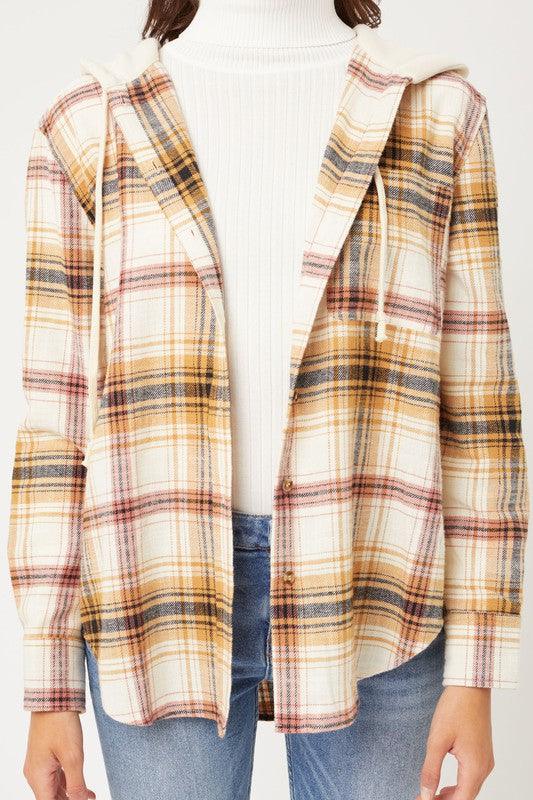 Plaid Flannel Button Up Shacket with Hood - Jacket