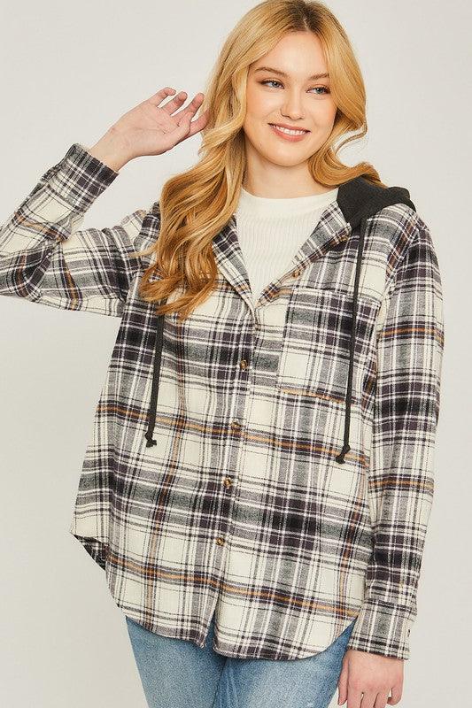 Plaid Flannel Button Up Shacket with Hood - Jacket