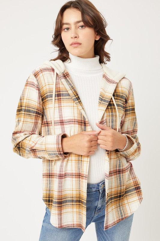 Plaid Flannel Button Up Shacket with Hood - Jacket