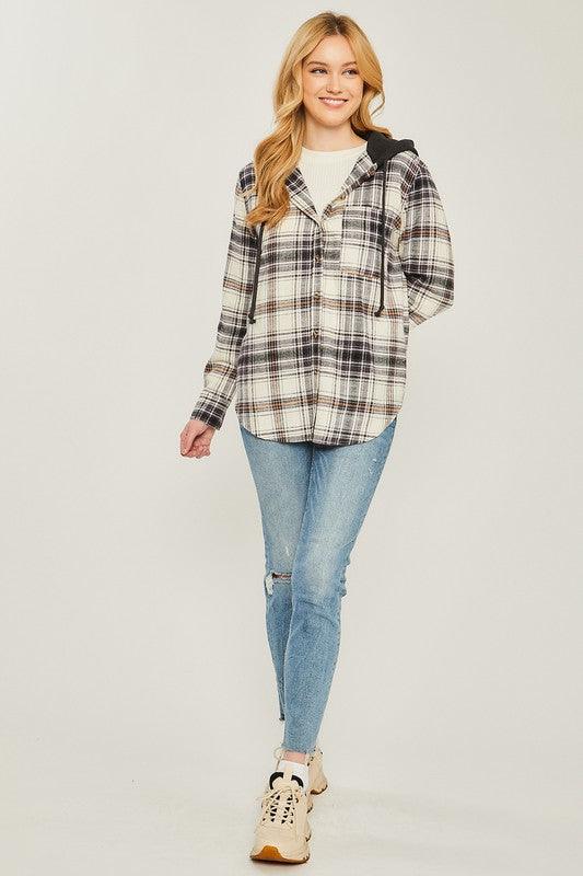 Plaid Flannel Button Up Shacket with Hood - Jacket