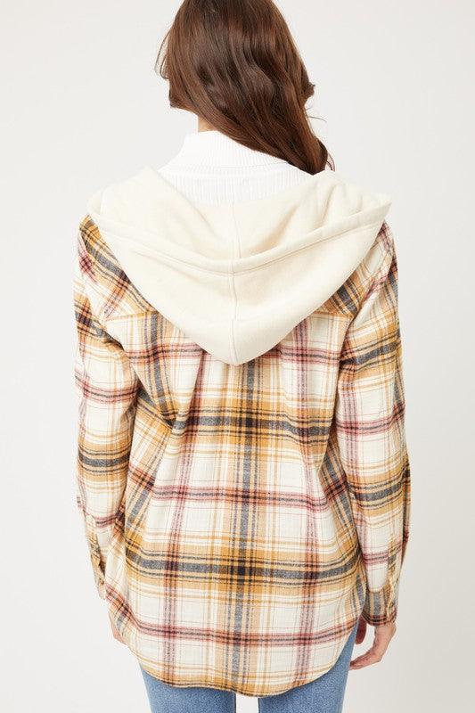 Plaid Flannel Button Up Shacket with Hood - Jacket