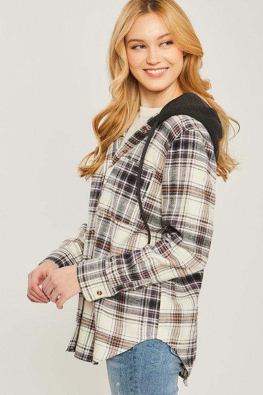 Plaid Flannel Button Up Shacket with Hood - Jacket