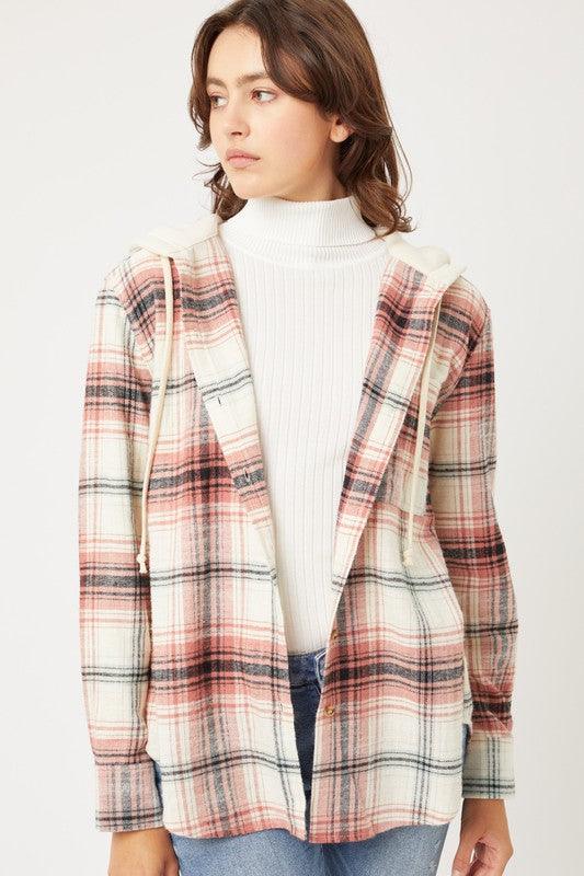 Plaid Flannel Button Up Shacket with Hood - Jacket