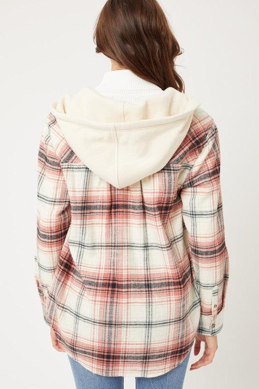 Plaid Flannel Button Up Shacket with Hood - Jacket