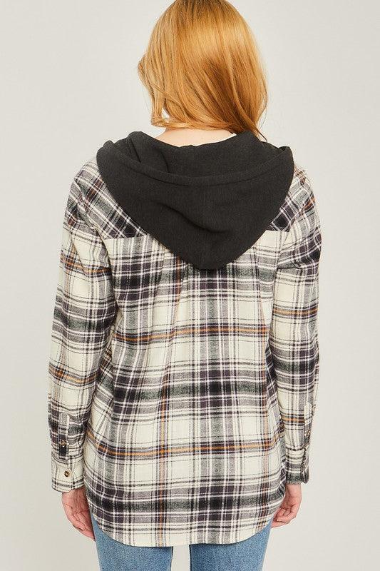 Plaid Flannel Button Up Shacket with Hood - Jacket