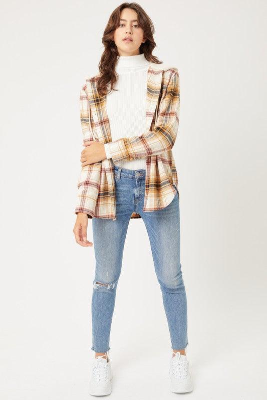 Plaid Flannel Button Up Shacket with Hood - Jacket