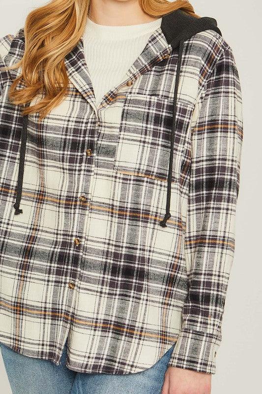 Plaid Flannel Button Up Shacket with Hood - Jacket