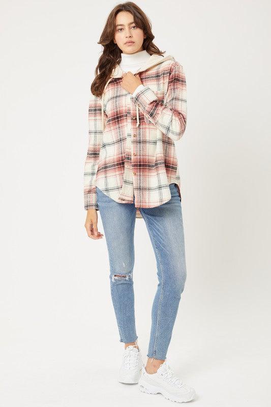 Plaid Flannel Button Up Shacket with Hood - Jacket