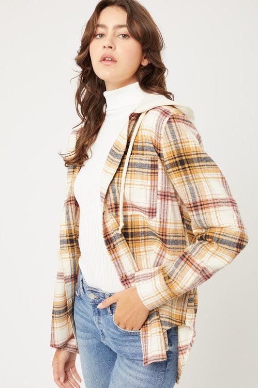 Plaid Flannel Button Up Shacket with Hood - Jacket